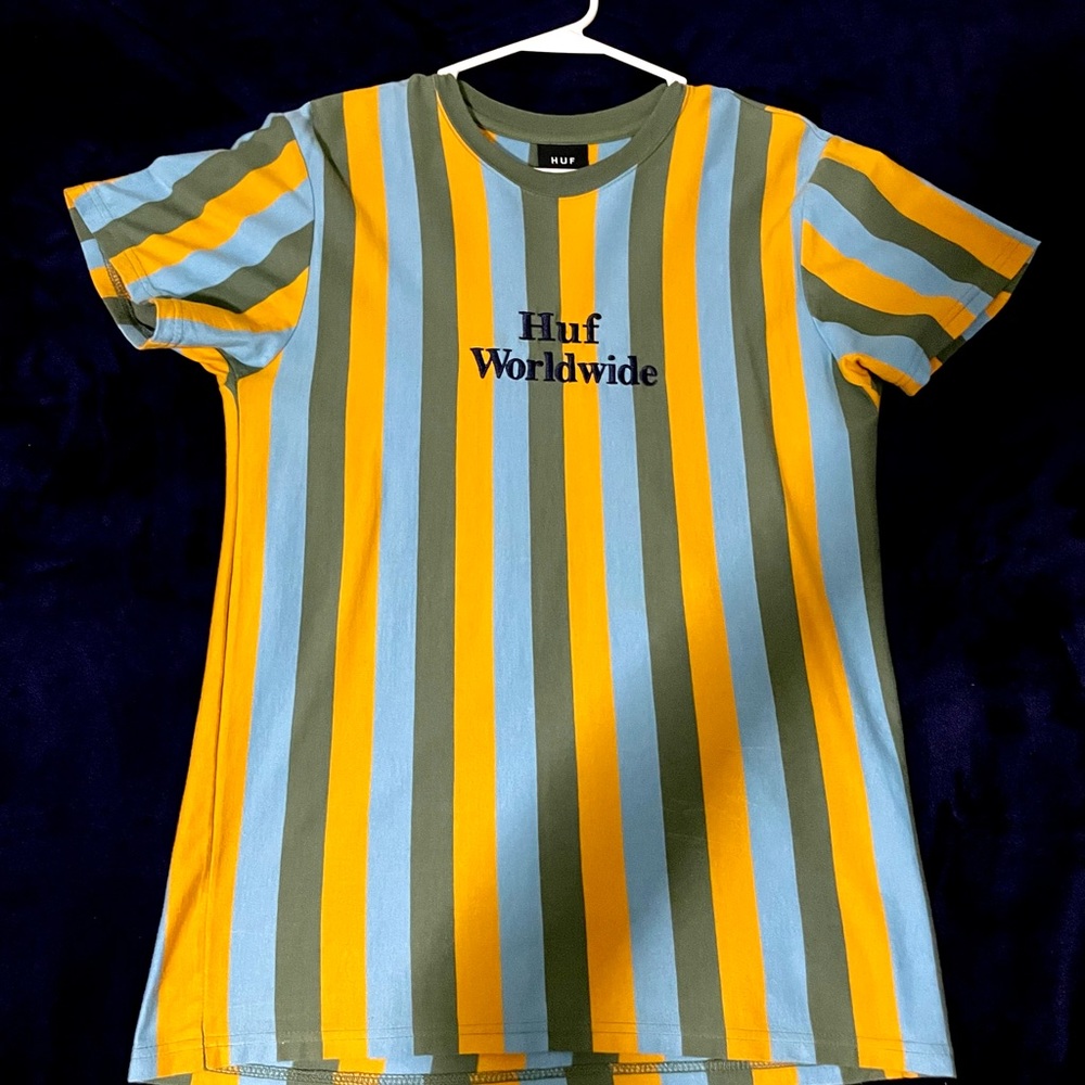 HUF WORLDWIDE Stripes T Shirt Small Yellow/Green/Blue